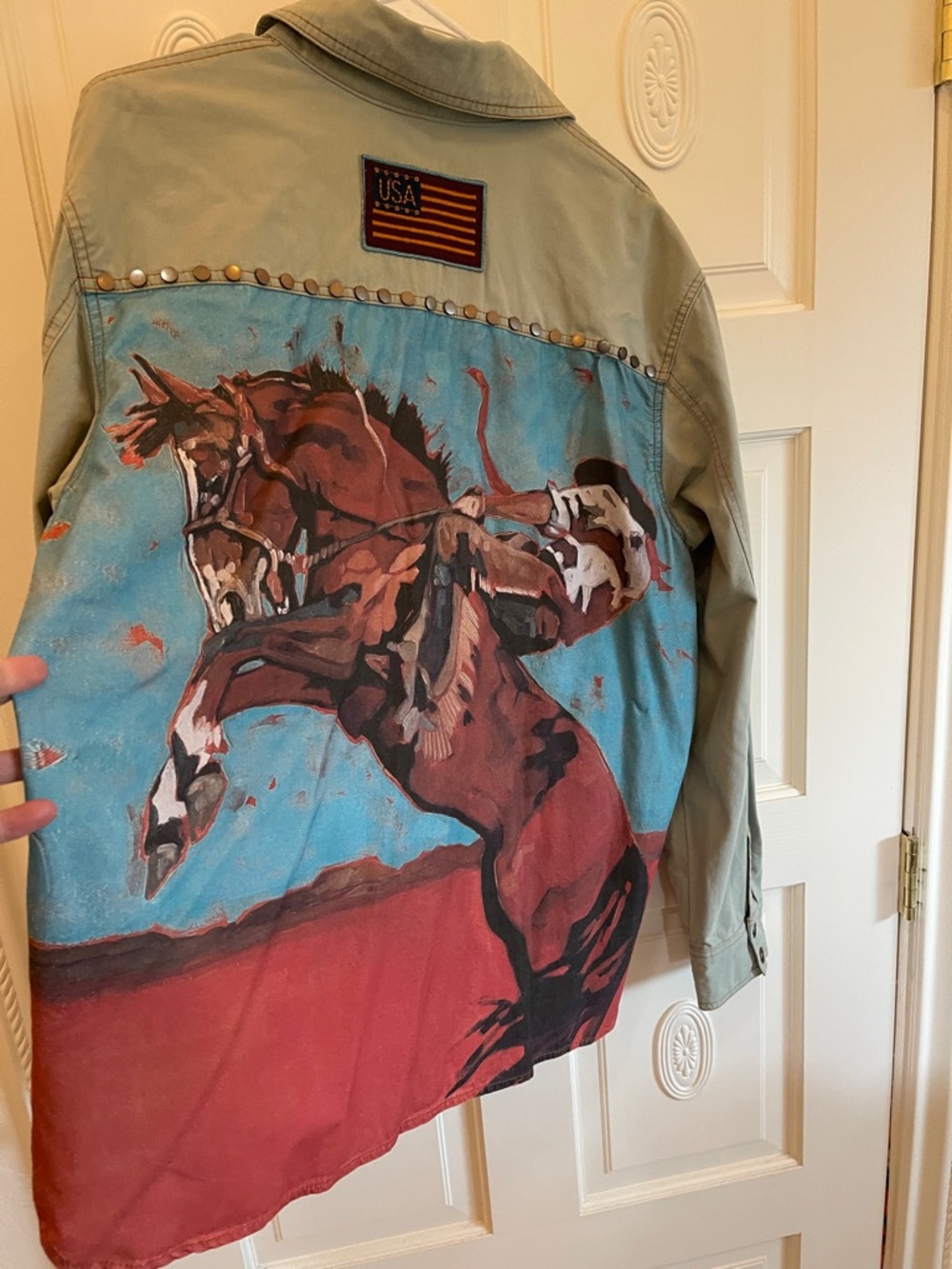 Double D Ranch Khaki Button-Down with Red & Blue Horse Panel